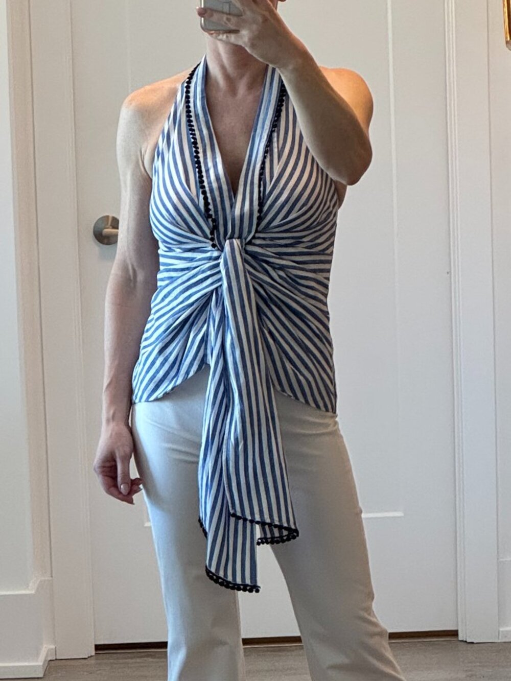 Zara Halter Top Blue & White Stripe Cotton Linen | Size XS